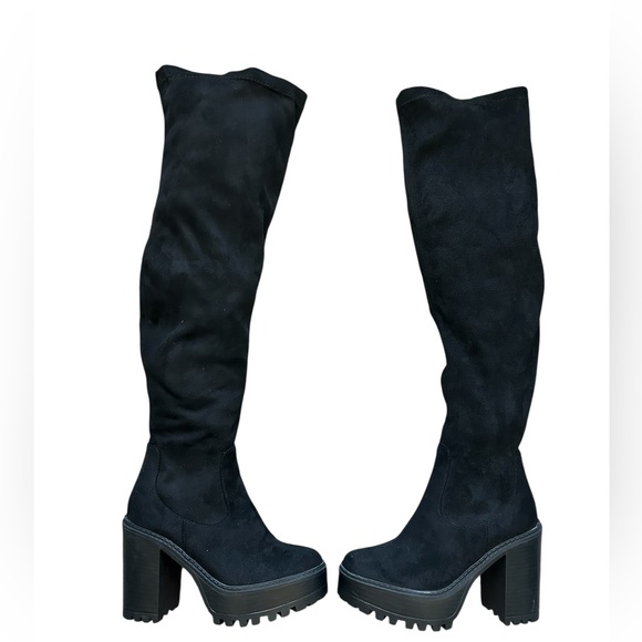 Diba Knee High Moto Chunky Heel Suede like Fabric Boots size 5.5 - Picture 2 of 9